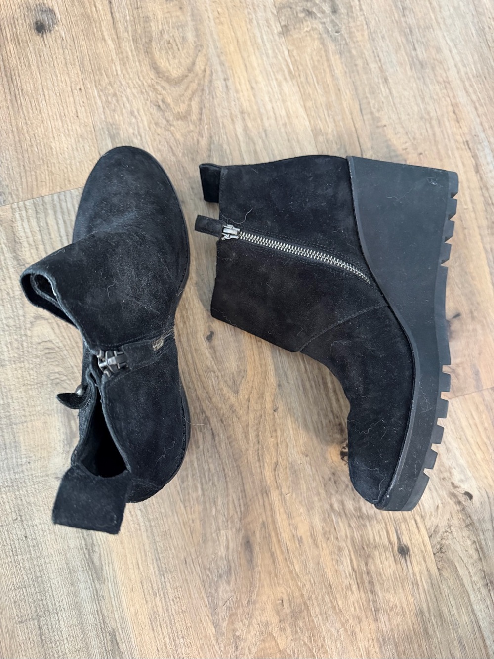 Eileen Fisher Black Suede Wedge Ankle Booties with Side Zip